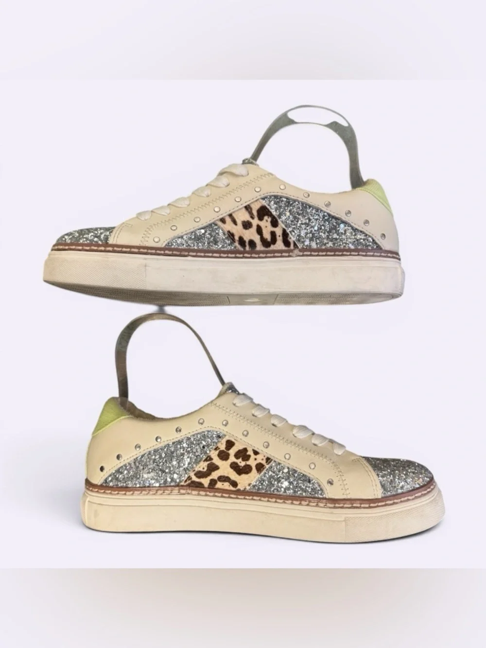 Crown Vintage Kalinda sneakers glitter, leopard print and stud accents Sz 7